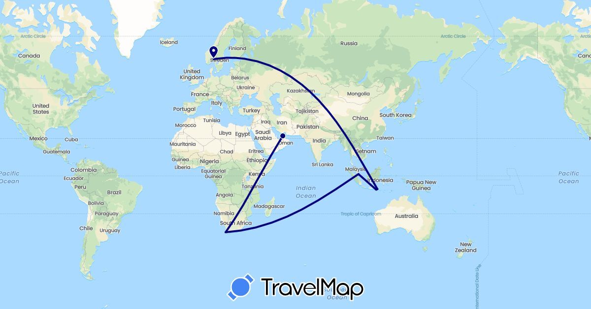 TravelMap itinerary: driving in United Arab Emirates, Indonesia, Norway, Singapore, South Africa (Africa, Asia, Europe)